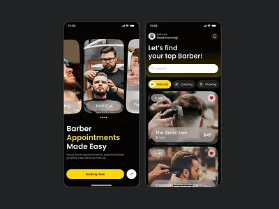 Barber Shop Mobile App barber app barber booking barbershop app barbershop ui dark mode ui haircut booking mobile ui salon app user interface