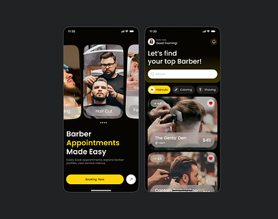 Barber Shop Mobile App barber app barber booking barbershop app barbershop ui dark mode ui haircut booking mobile ui salon app user interface