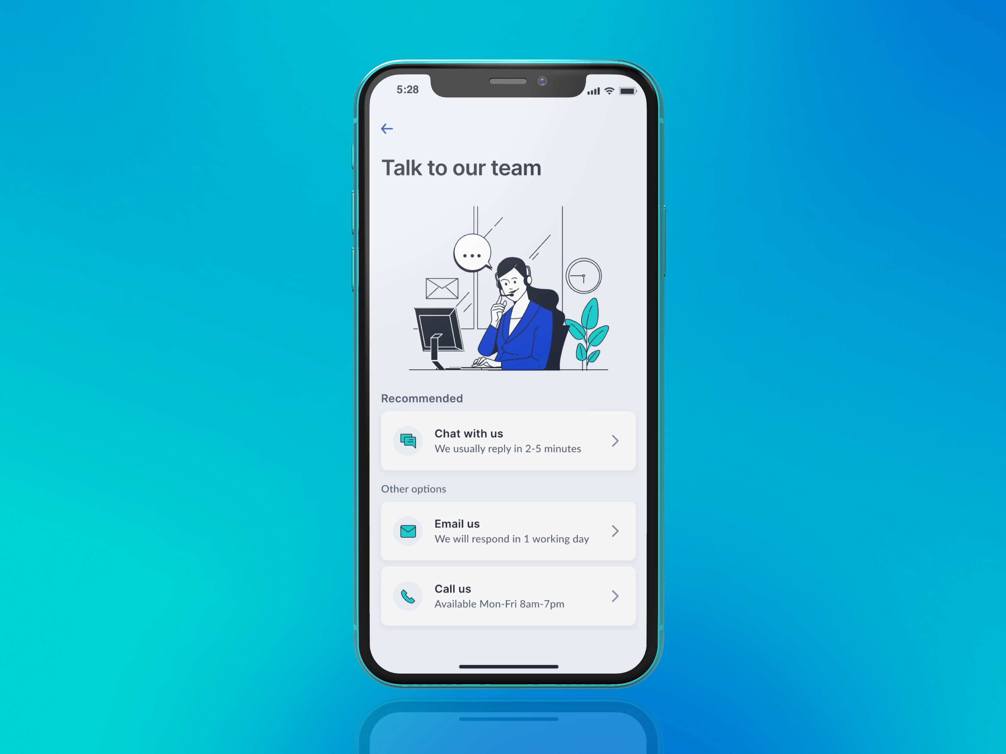 Example of Aller Bank mobile app - Customer support