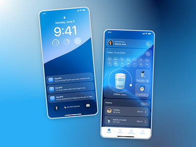 AquaPal - Liquid Glass Hydration UI App 3d 3d illustration app glass hydration ios liquid liquid glass mobile mobile app ocean reminder schedule sea ui ux water water intake water reminder water tracker