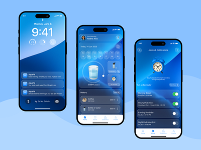 AquaPal - Liquid Glass Hydration UI App 3d 3d illustration app glass hydration ios liquid liquid glass mobile mobile app ocean reminder schedule sea ui ux water water intake water reminder water tracker