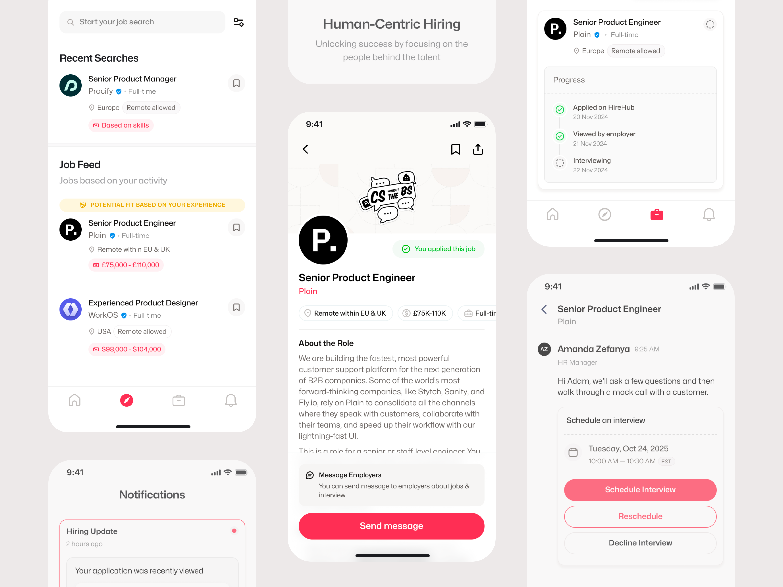HireHub: Job Feed, Role Details & Message clean clean design employee app hiring app hr app job board job feed job finding app job search app job searching message mobile app design recruitment app role details ui ui design user interface ux