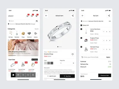 Jewlly - E-commerce Jewellery Mobile App animation cartpage checkoutpage detailspage ecommerce ecommercemobileapp gold graphic design jewellery jewellerymobile jewellerymobileapp logo mobileapp orderdetails ui uidesigner uiux
