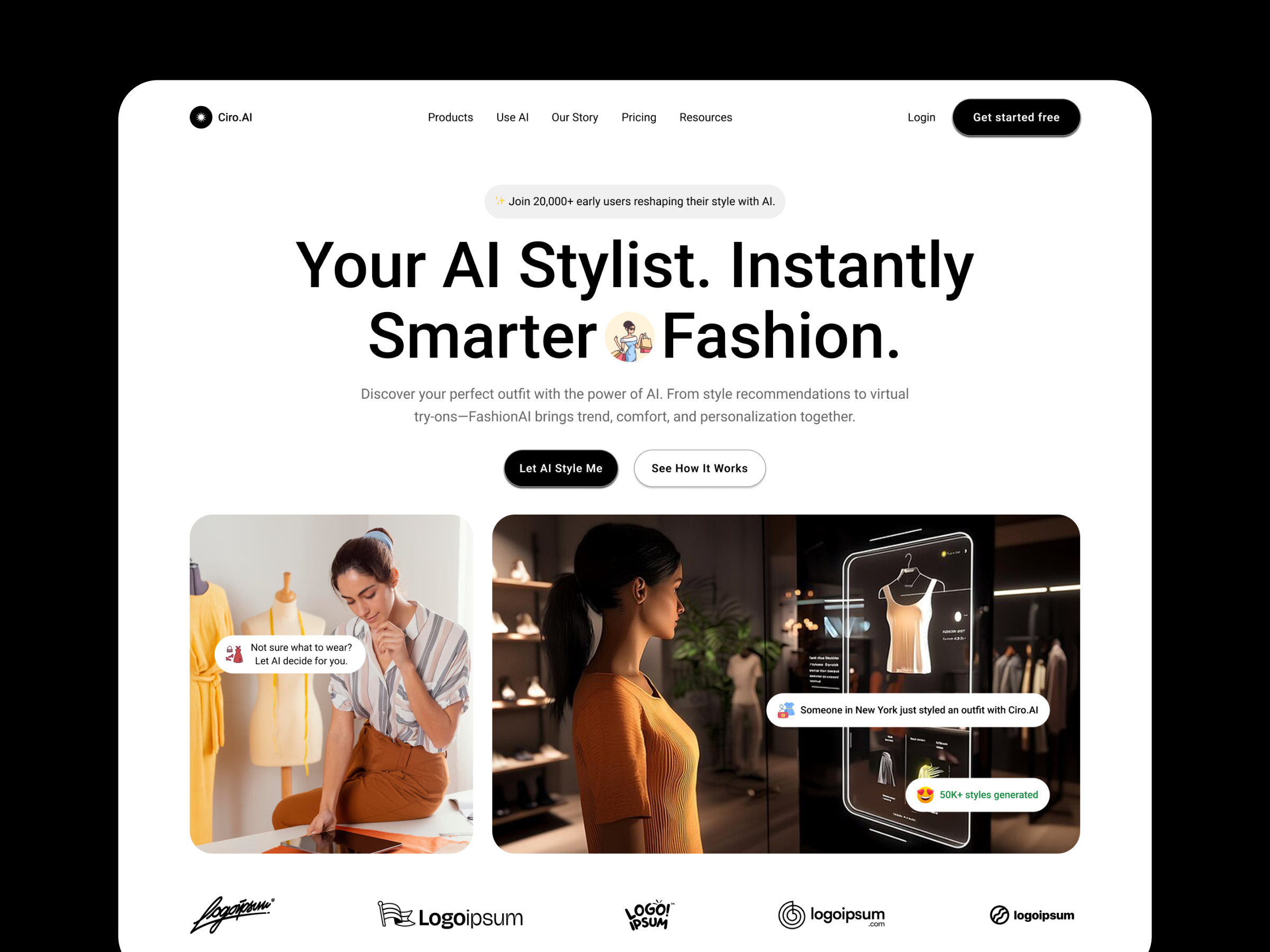 Fashion AI tool — Ciro.AI 👗 ai artificialintelligence branding designinspiration dribbble fashiontech herosection landingpage landingpagedesign stylewithai typography uidesign uiux uxdesign webdesign