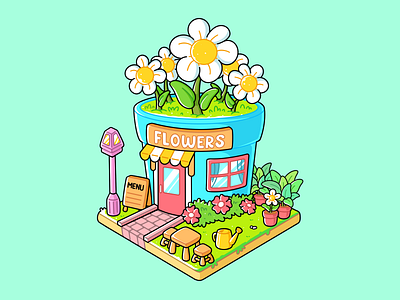 Flower Shop - Little Shop Project animation branding cartoon cartoon project creature cute building design flower cartoon flower shop graphic design illustration isometric design logo procreate shop corner shop design store design ui