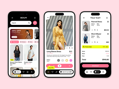 BOUM - Clothing Store App Concept app bold branding clean clothing concept design ecommerce fashion figma minimal mobile pink shopping store ui ux youth