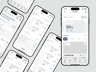 Hi-Fidelity Wireframes — Food Delivery App app app wireframe calorie counter app components dark wireframe design process figma food mobile app food tracker app hierarchy high fidelity high fidelity wireframe layout mobile app product design ui uiux wireframe wireframes