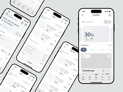 Hi-Fidelity Wireframes — Food Delivery App app app wireframe calorie counter app components dark wireframe design process figma food mobile app food tracker app hierarchy high fidelity high fidelity wireframe layout mobile app product design ui uiux wireframe wireframes