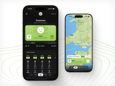 air quality mobile app ui design air app branding breath clean dark design figma graphic design green health illustration mask mobile oxygen pollution quality ui ux world