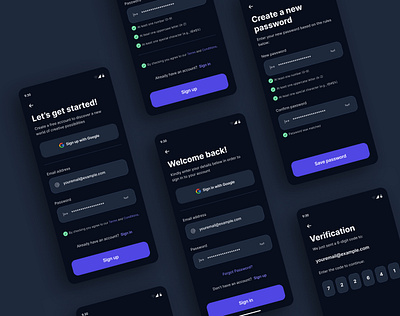 A Sample UI: Sign in and Sign up app authentication branding daily ui dailyui dark dark mode darkmode design login minimal modern onboarding phone signin signup ui ux verification