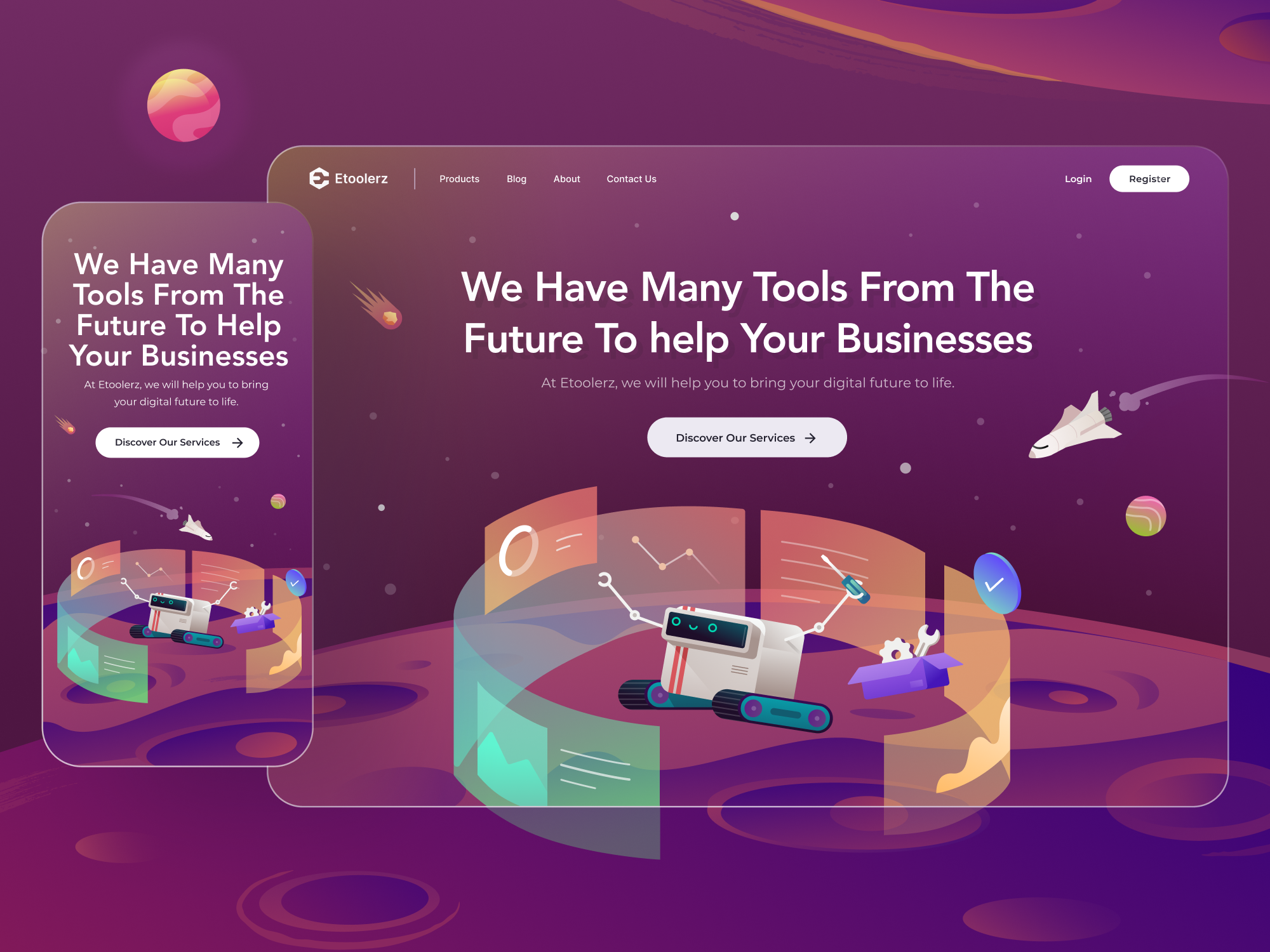 Landing Page Design for Digital Solutions bots business colorful design development digital gradient illustration landing page planets solutions space tools ui ux vector web website