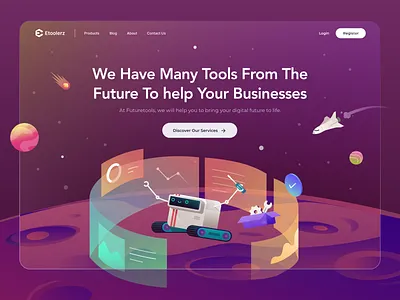 Landing Page Design for Digital Solutions bots business colorful design development digital gradient illustration landing page planets solutions space tools ui ux vector web website