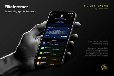 Elite Interact – Smart Community App UI appdesign buildingmanagement cleanui communityapp figmadesign mobileux realestateapp residentsapp smartliving uikit uxdesign uxui