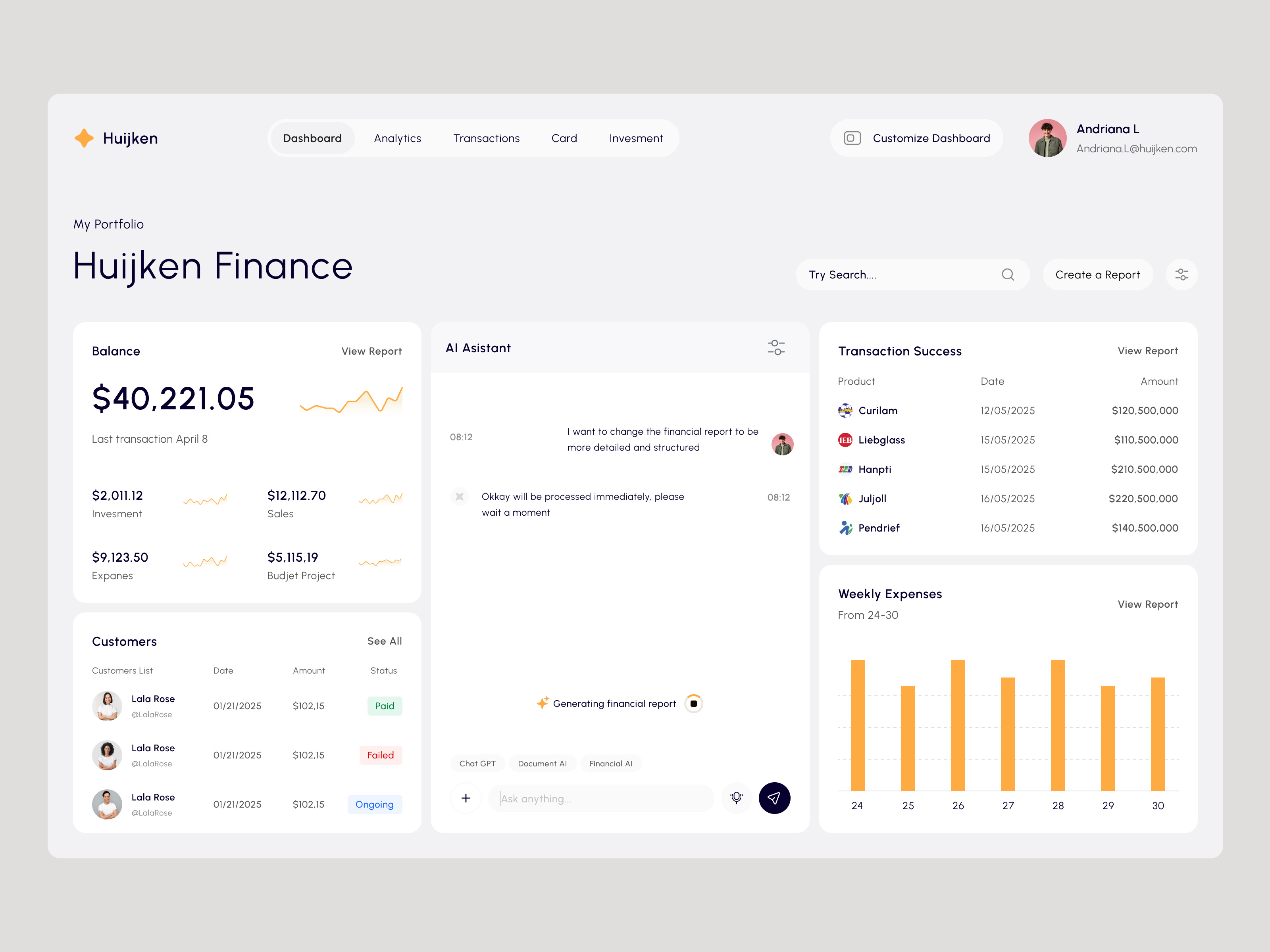 Huijken - AI Financial Dashboard ai ai asistant bank chart chat chating clean dashboard design finance financial minimal number report saas supitar transaction sucess ui web app website