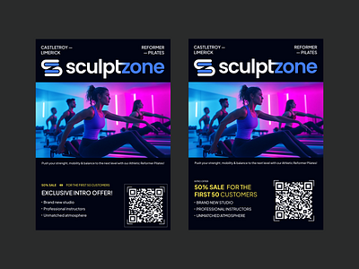 SculptZone Flyer code fitness flyer graphic design neon pilates pink print qr reformer ui ux yoga