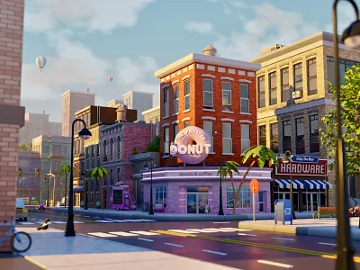 The Frosted Donut 3d 3danimals 3dillustration 3dmodel artwork beachtown blender blender community cat cute low poly model modeling render rendering street view stylized stylized city sunny town