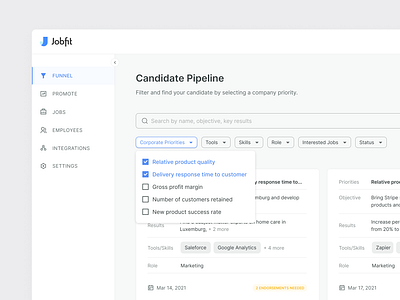 Jobfit web app — company interface clean digital product dropdown employee filters fintech jobs kpi list management navigation okr product design saas sidebar simple software ui uiux web app