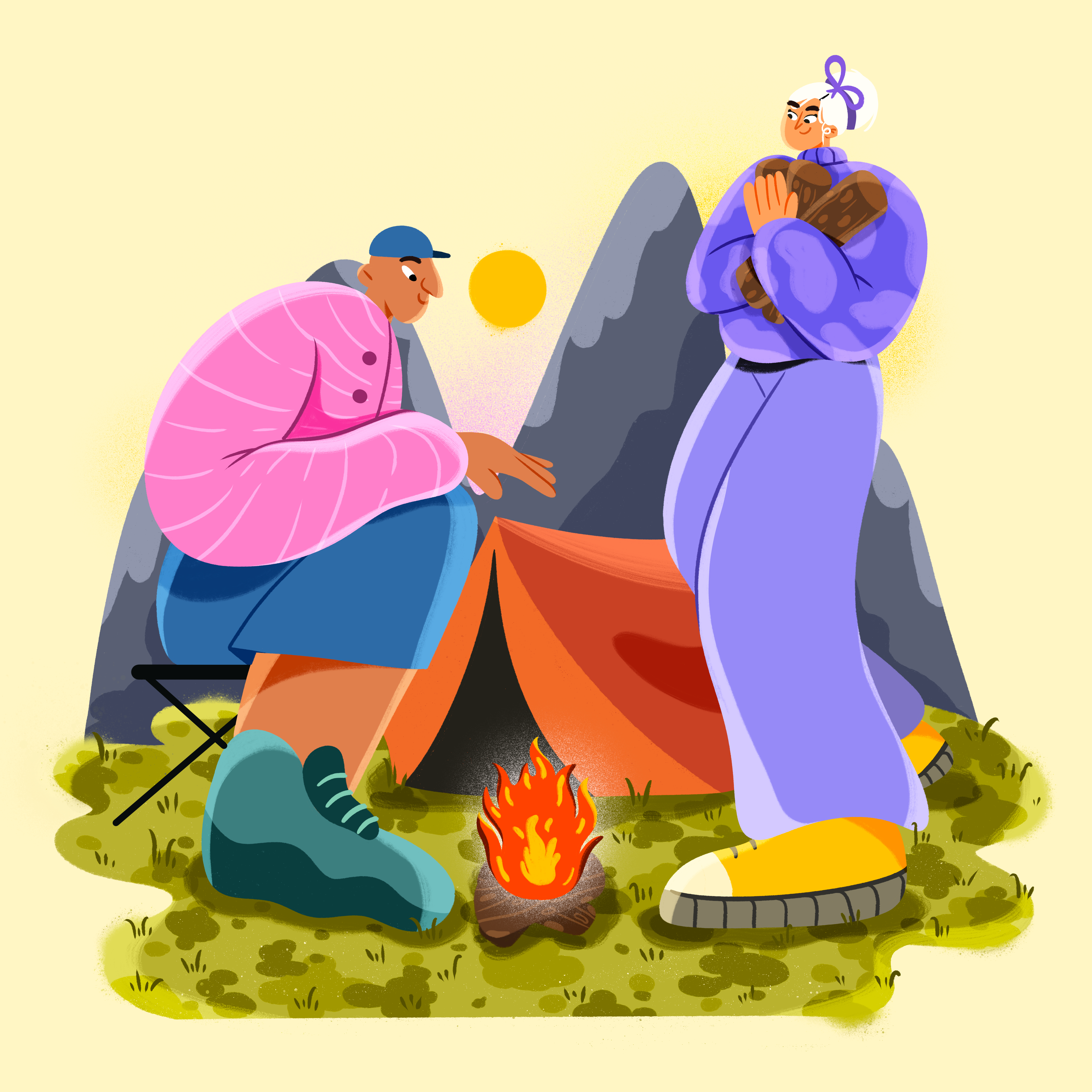Let’s go on camping🥰 2d 2d art camp camping camping art camping drawing camping illustration character design commercial couple art cute art design fire graphic design illustration mountains nature illustration procreate