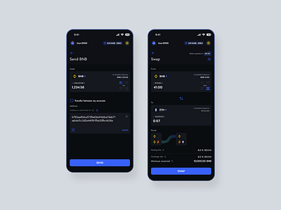 Send & Swap pages for DeFi wallet. iOS mobile application. design dropdown flow input ios mobile selector swap textfield ued ui