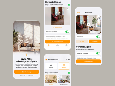 AI Interior App Design ai app design generate home idea interior ios minimalism mobile modern orange redesign rooms space step style transform ui ux