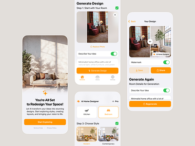 AI Interior App Design ai app design generate home idea interior ios minimalism mobile modern orange redesign rooms space step style transform ui ux