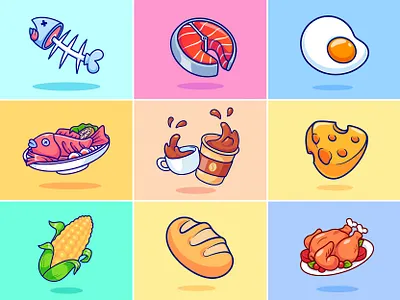 Random Food🍳🍗 beef bread cartoon cheese chicken coffee corn cute doodle egg fish fish bone flat flying food food icon illustration logo menu restaurant