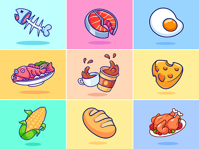 Random Food🍳🍗 beef bread cartoon cheese chicken coffee corn cute doodle egg fish fish bone flat flying food food icon illustration logo menu restaurant