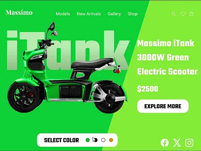 Massimo iTank Electric Scooter | Futuristic 3000W EV Design for 3d animation dark ui e commerce ui electric scooter ev design figma prototype interactive design mobile app design motion graphics product page design prototype animation sustainable design tech product design typography ui ui design user flow ux design web design