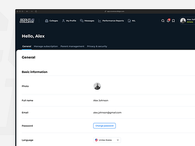 Settings account avatar button cta design system email figma general information language navigation password photo privacy product design settings tabs ui ux web design