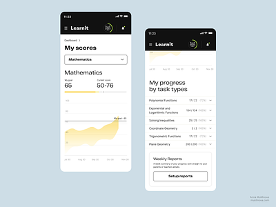 Online Learning Platform. My score and progress by task types. account app chart dashboard exams ios learning lesson light math mobile sat score settings student subject task ui white yellow