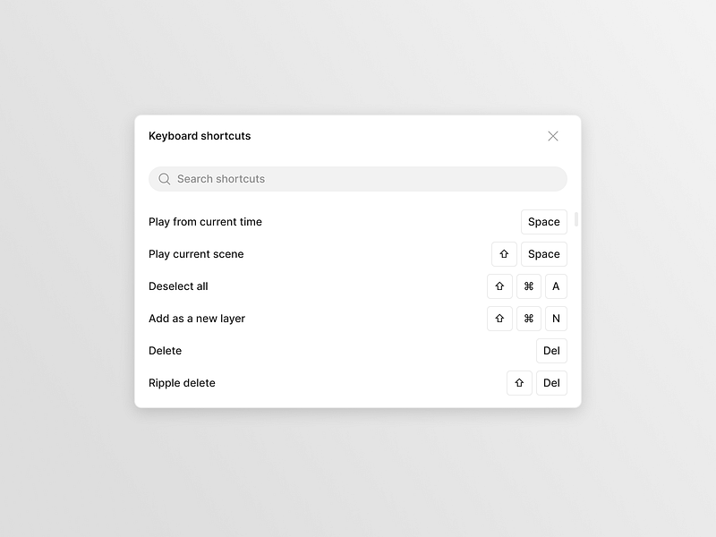 ↩️ InVideo - Keyboard shortcuts affordance clean design design system keyboard keyboard shortcuts mental model modal window pop over real project saas search bard shortcuts signifier ui design user interface ux design video editor web design