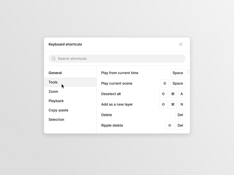 🎹 InVideo - Keyboard shortcuts alternate design affordance clean components dashboard design design system hover keyboard shortcuts modal react components real project saas search result shortcut signifier signifiers user interface video editor web app