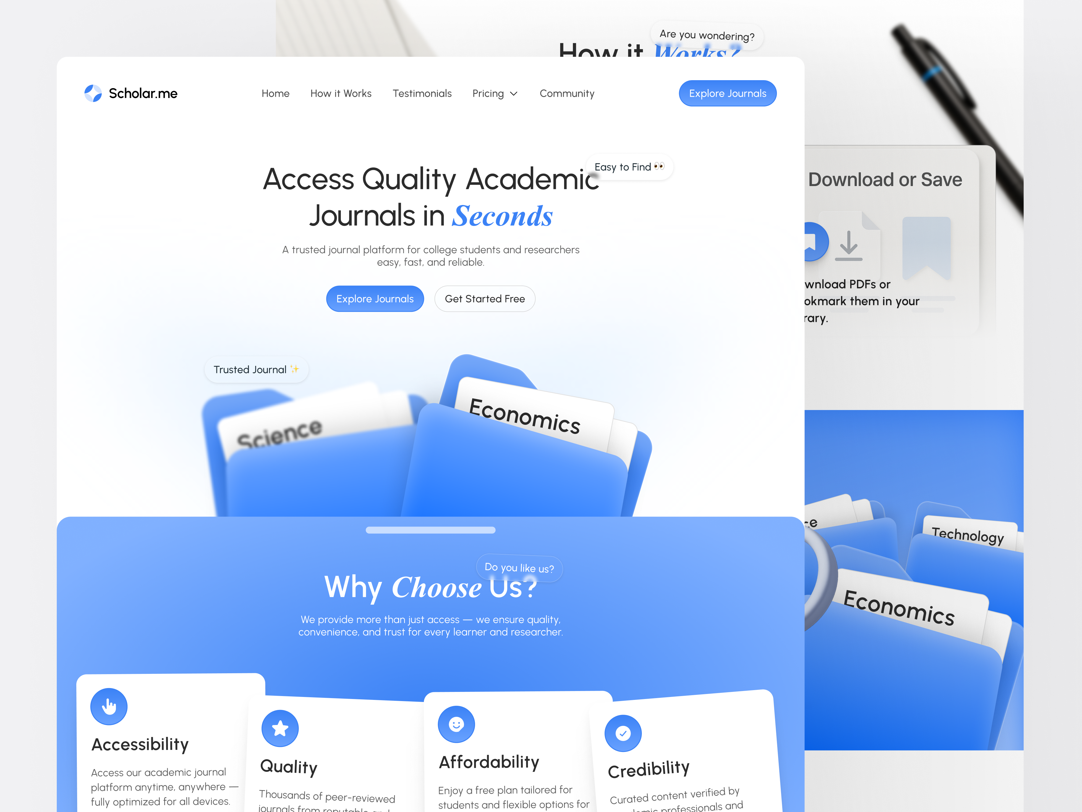 Scholar.me - Academic Journal Landing Page 🎓 3d academy ai blue branding design education figma graphic design illustration journal landing page logo minimalist modern ui uidesign uiux web design website