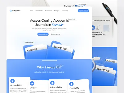 Scholar.me - Academic Journal Landing Page 🎓 3d academy ai blue branding design education figma graphic design illustration journal landing page logo minimalist modern ui uidesign uiux web design website