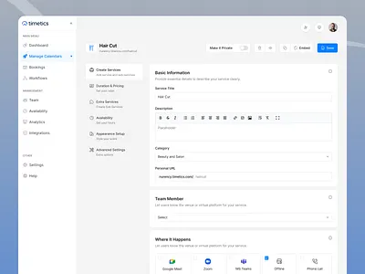 Timetics AI - Appointment Calendar Creation Flow For Service appointment scheduling booking system calendar management clean ui experience design interface design light theme minimal design modern ux service management service seller ui ux