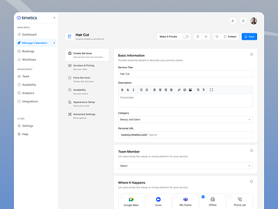 Timetics AI - Appointment Calendar Creation Flow For Service appointment scheduling booking system calendar management clean ui experience design interface design light theme minimal design modern ux service management service seller ui ux