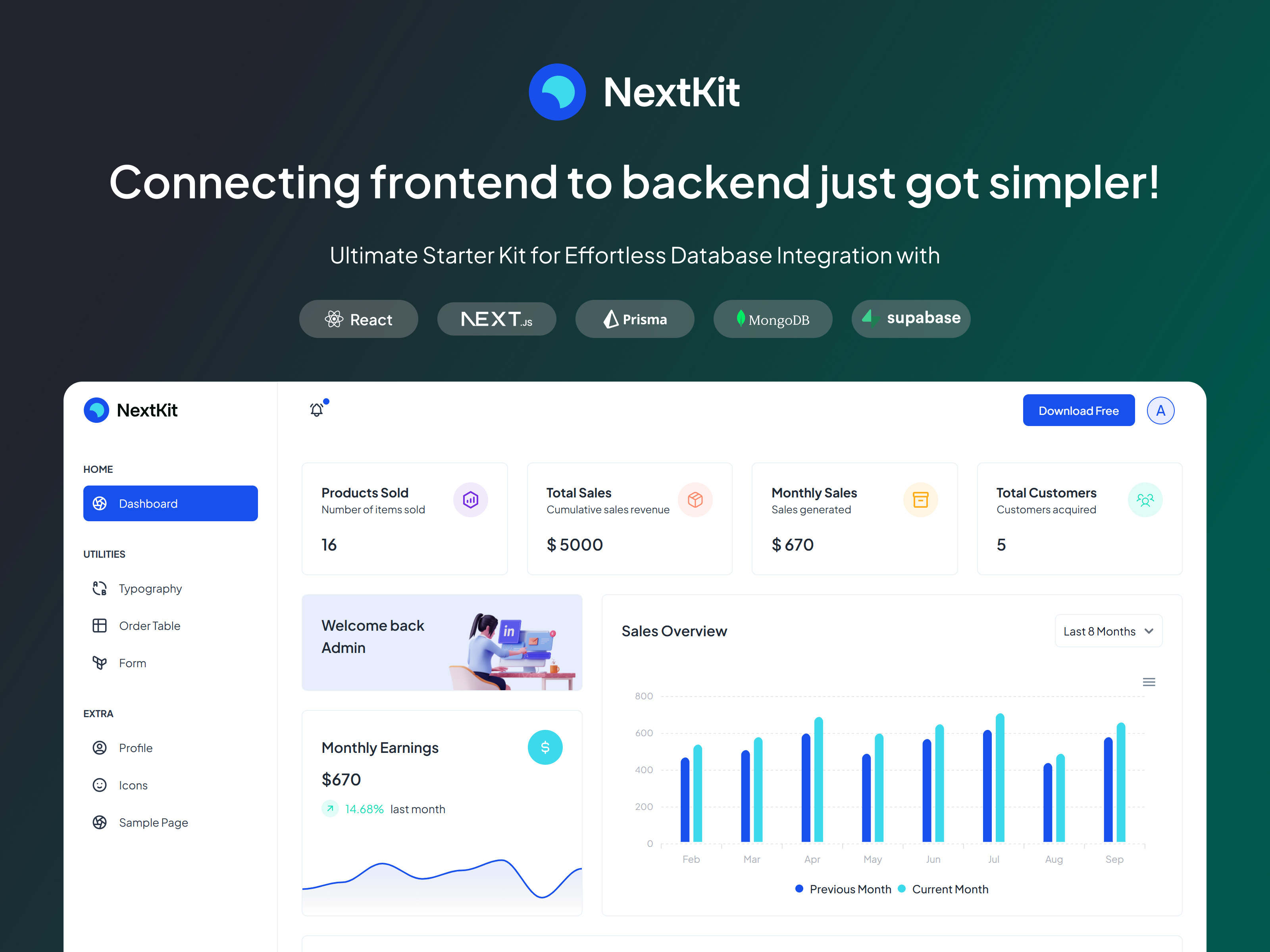 NextKit Database Connection Kit with SupaBase, MongoDB, Prisma admin dashboard admin dashboard design admin dashboard template admin panel admin ui database connection kit mongodb next kit nextjs nextjs admin panel nextjs admin starter nextkit prisma react react admin panel react admin starter starter kit starterkit supabase
