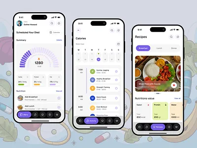 Nutrition App – Smart Tracking UI app breakfast design diet dinner eat figma food health ios lunch meal mobile nutrition nutrition tracker orange plans recipes ui ux