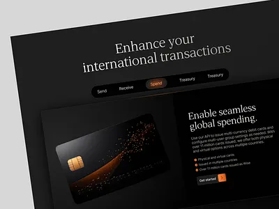 Fintech Credit Card Finance Web Design credit card dark mode debit card features financial global payment gradient international landing page money orange payments spending tabs transactions wealth web web design website