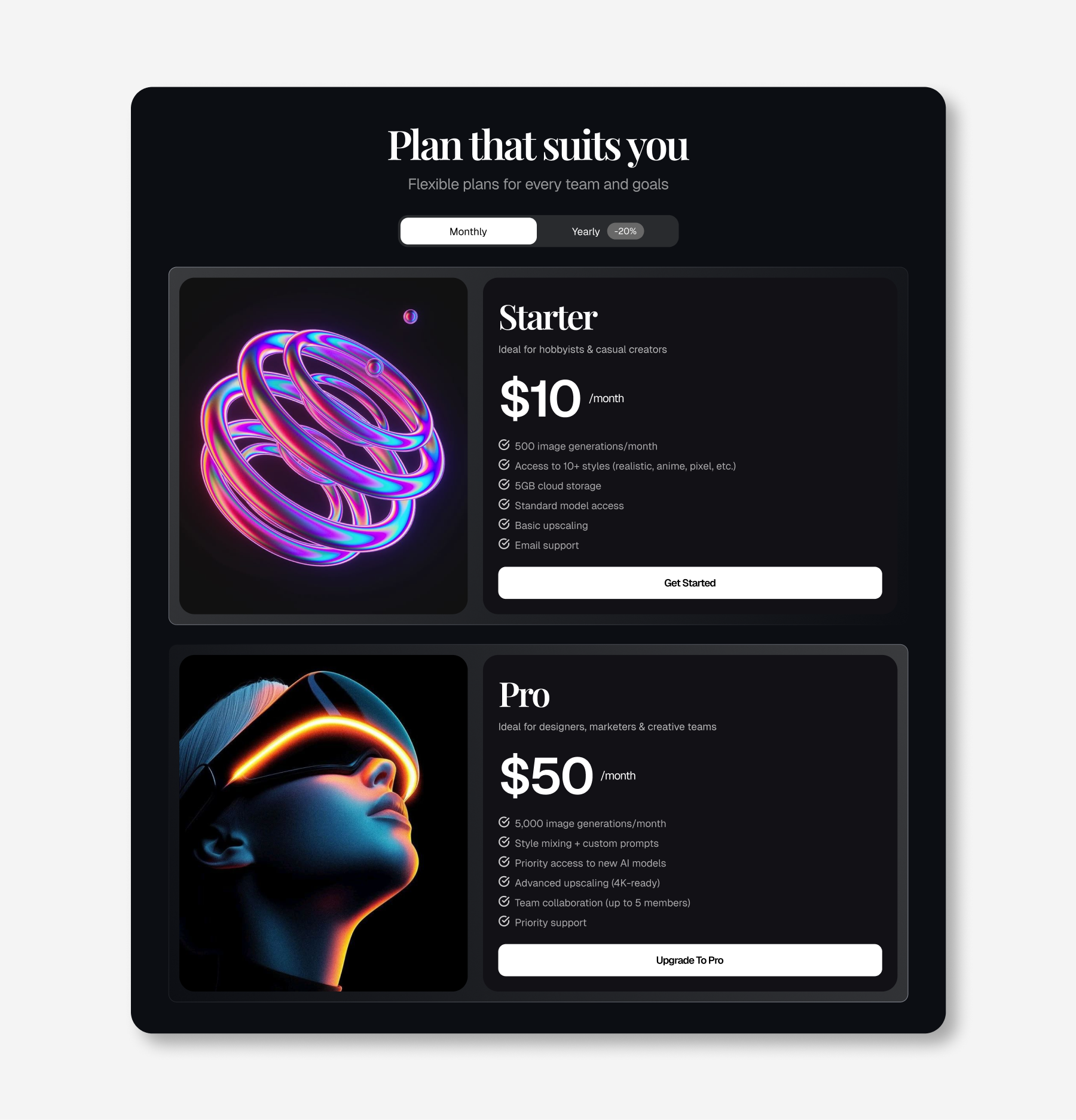 Pricing Page - Web Design dark landing page landing page design monthly pricing page pricing plans pricing plans website pricing section saas saas website ui web design website website design yearly