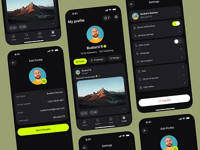 Profile & Settings UI appdesign avatar branding cleanui darkmode elegant feed follower menu minimal mobileapp post profile profileui settings settingsui theme uidesign uikit uxdesign