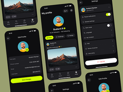 Profile & Settings UI appdesign avatar branding cleanui darkmode elegant feed follower menu minimal mobileapp post profile profileui settings settingsui theme uidesign uikit uxdesign