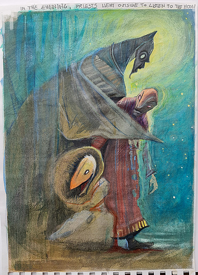 In the evening drawing illustration illustration for nothing made by human painting priests from another dimention surreal traditional art