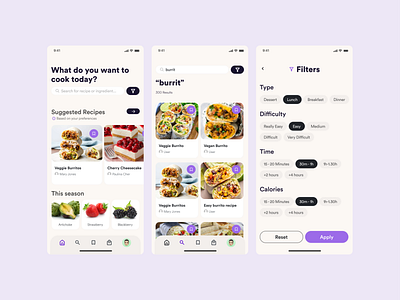 Food App Design cards filter food recipes search ui