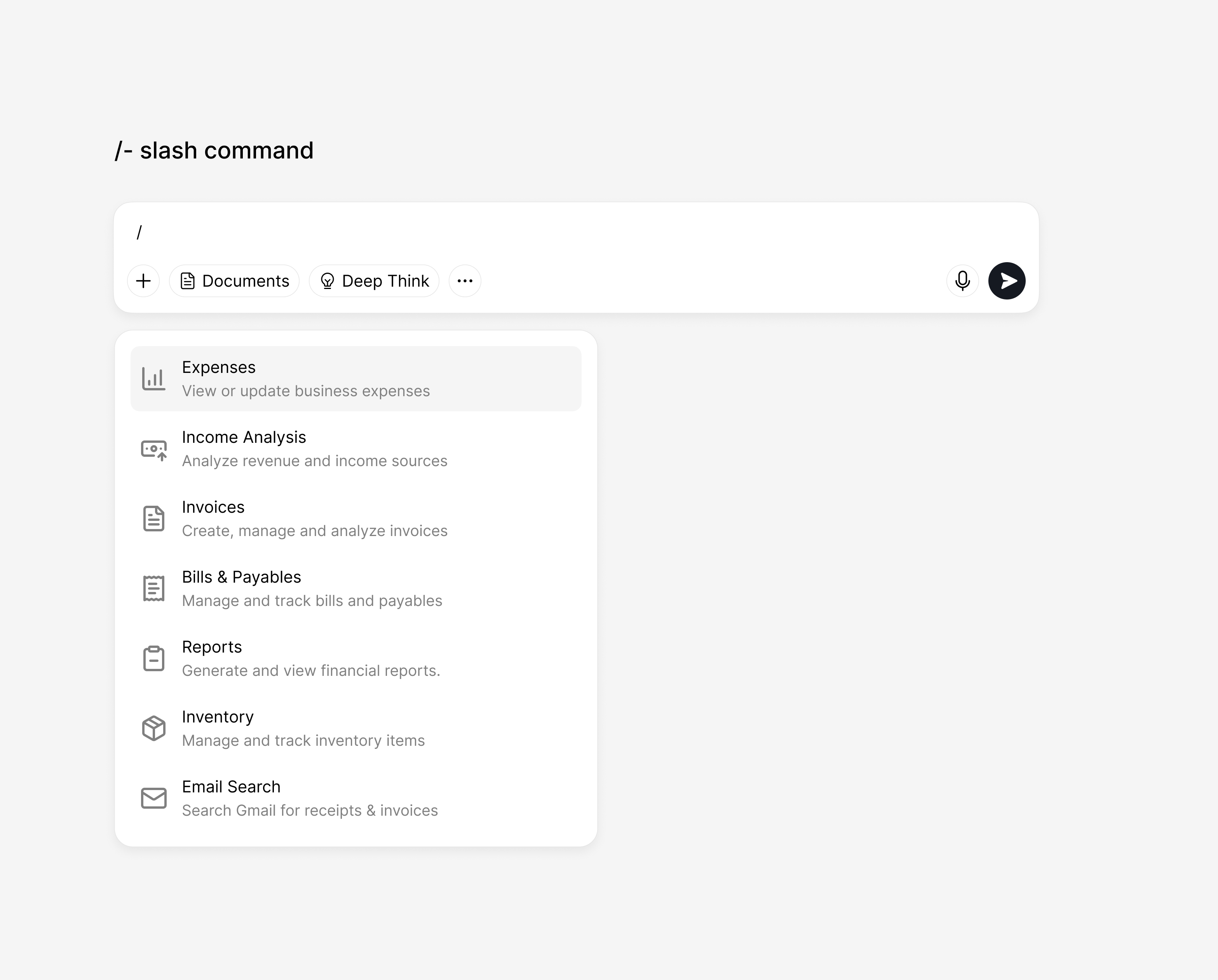 / - command / slash command ai chat ai chatbox design gpt invoice mention prompt ui design