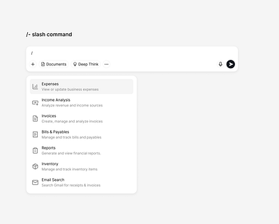 / - command / slash command ai chat ai chatbox design gpt invoice mention prompt ui design