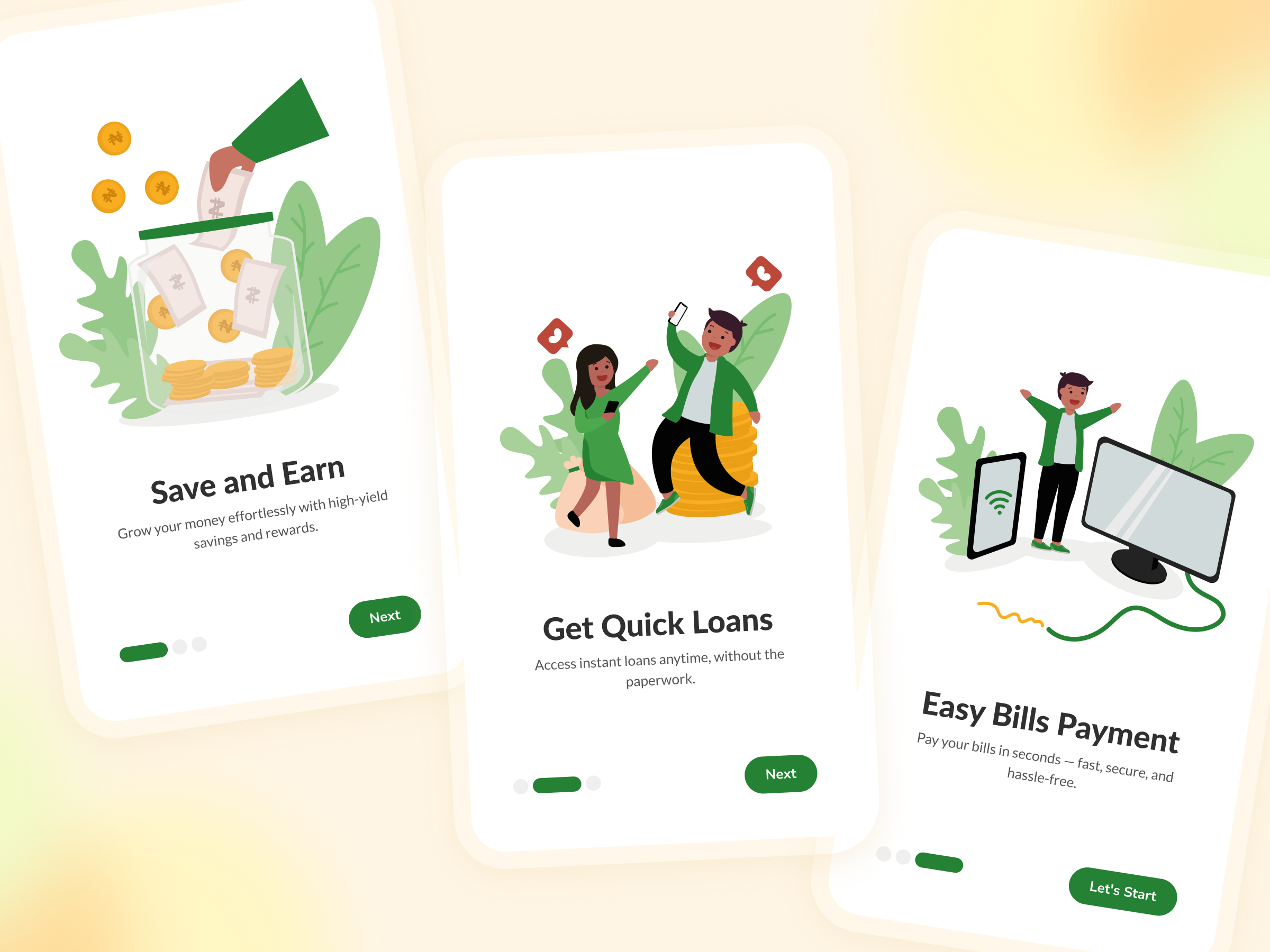 Fintech Onboarding Screens fintech graphic design green illustration mobile app mobile design money on boarding onboarding screen ui ux