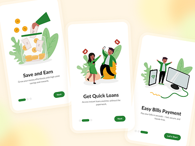 Fintech Onboarding Screens fintech graphic design green illustration mobile app mobile design money on boarding onboarding screen ui ux
