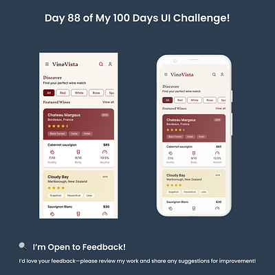 Day 88/100 - Wine Tasting App Screen tasting notes