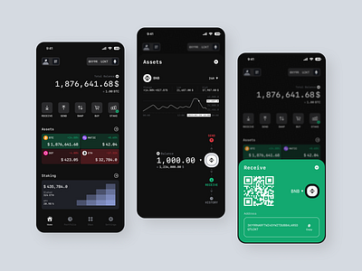 UED/UI Interact with crypto. Dark Wallet Assets. iOS mobile app. animation chart crypto defi design device eud feel flow gesture home homepage interactive interface ios mobileapplication shadow swap ui userflow